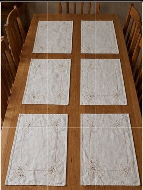 Antique Embroidered Ivory Linen Placemats - Set of 6